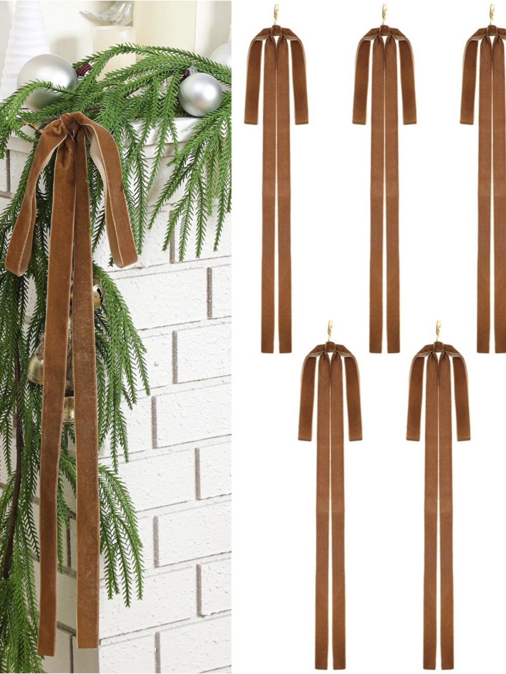Set of 12 Velvet Long Tail Holiday Bow - Khaki